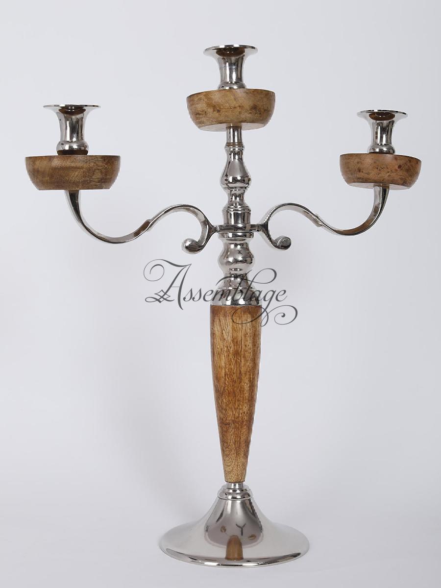 Wood & Metal Three Arm Candlestand